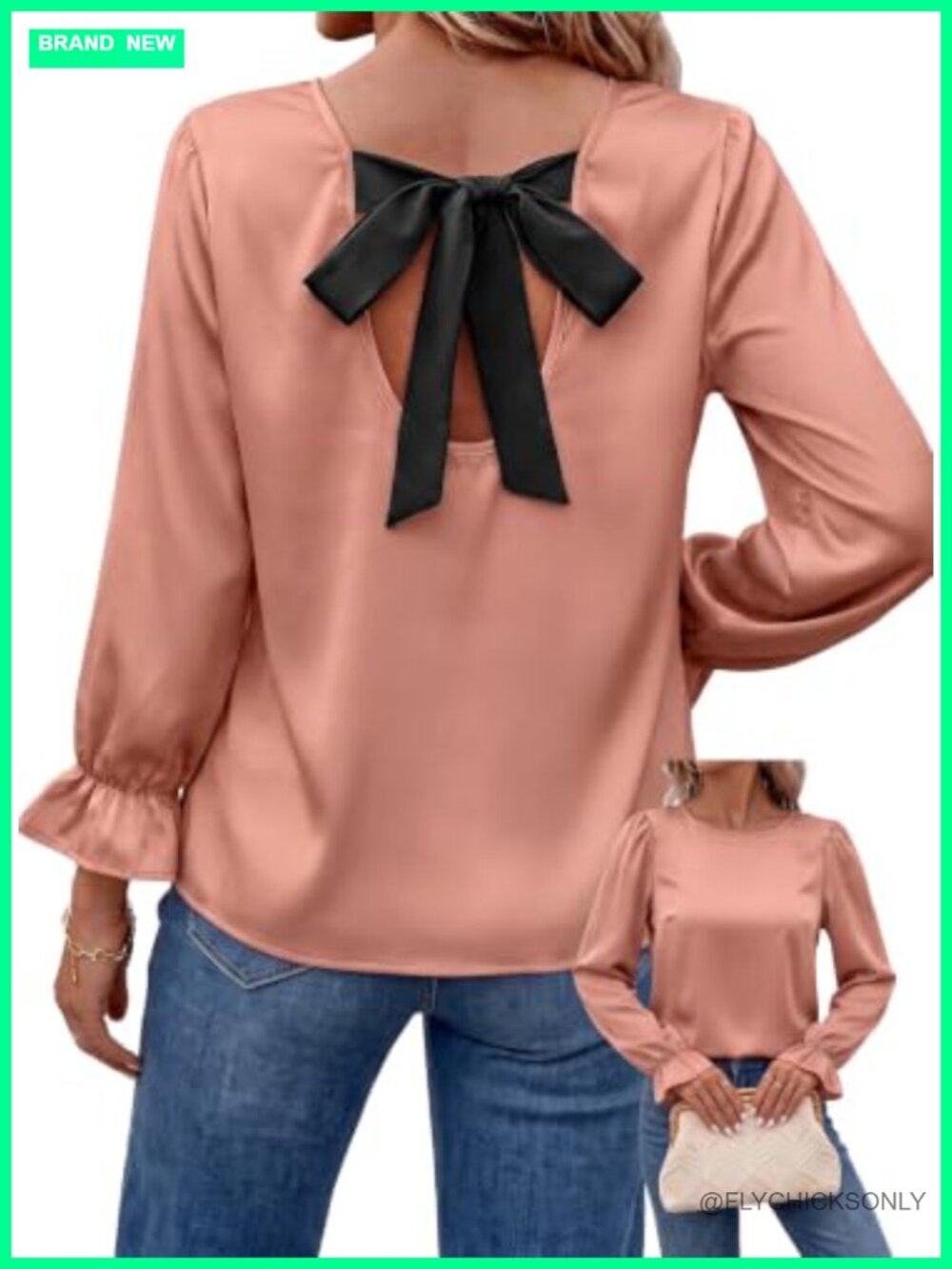 Silk Satin Bow Tie Back Blouse Ruffle Sleeve Dressy Casual Top